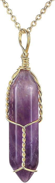 JADENOVA Full Wire Wrapped Energy Healing Crystal Gemstone Pendant Necklace 18" Stainless Steel Chain