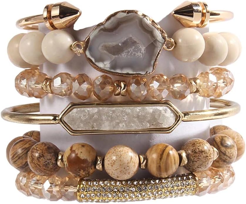 Yomisa 5PCS 6PCS Natural Boho Beaded Bracelets/Bangle for Women Men,Healing Turquoise Jasper Agate Crystal Gemstone Stone Chakra Multilayer Wrap Bohemian Handmade Jewelry Beads Stretch Bracelet Set
