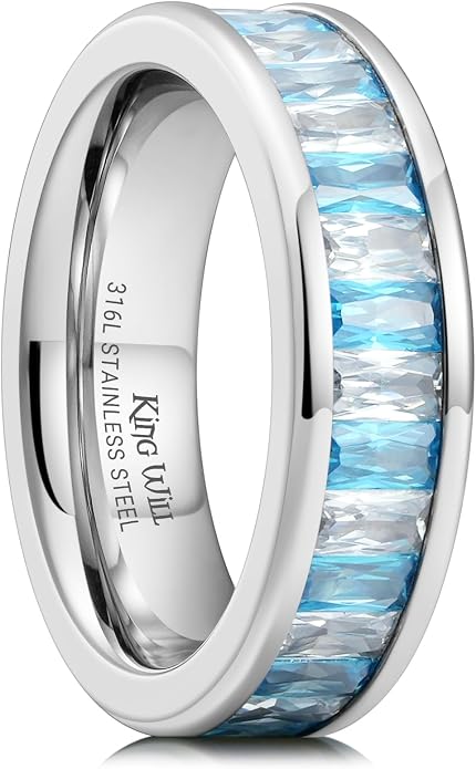King Will 6mm 316L Stainless Steel Eternity Ring for Women, Colorful Baguette-Cut Cubic Zirconia Stackable Band, Pipe Cut Anniversary Engagement Ring Comfort Fit, Size 6-10