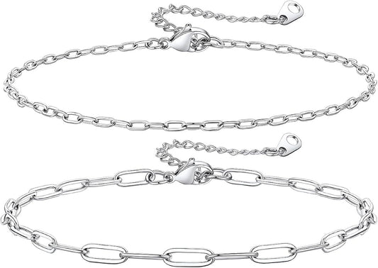 KeyStyle Paperclip Ankle Bracelets for Women, 14k Gold Plated Cuban Chain Rope LInk Anklets Sets, Stainless Steel Figaro Layered Anklet Pack Summer Jewelry(2PCS, 3PCS)