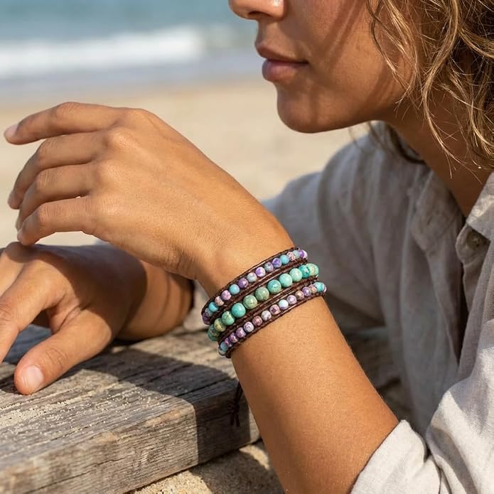 YGLINE Boho Handmade Natural Stone Bead 3 Row Wide Wrap Wrist Statment Bracelet Jewelry Collection