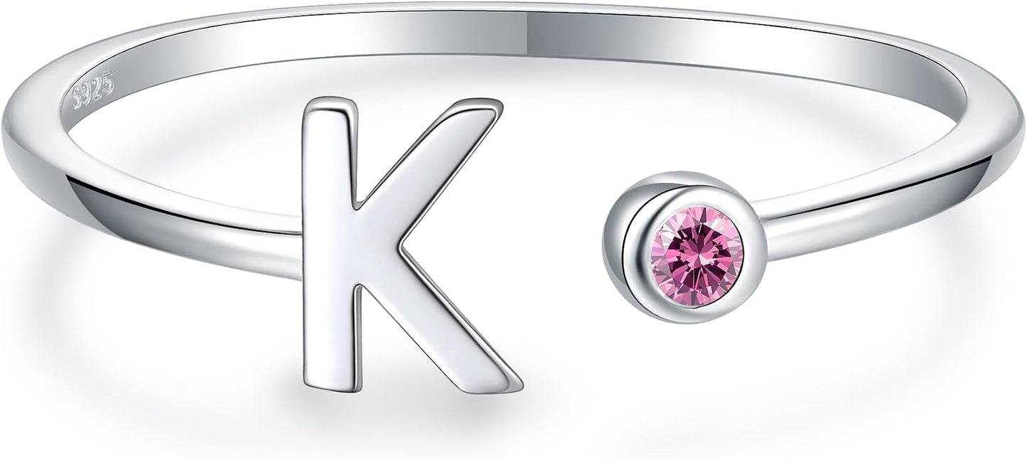 925 Sterling Silver Initial Letter Birthstone Rings for Women Adjustable 1-12 Month Birthstone Alphabet Stacking Ring for Teens Girls Stackable Birthstone Rings Birthday Jewelry Gift for Daughter Mom