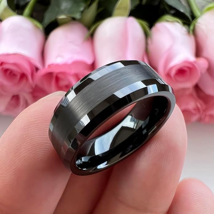 TUTISS 6mm 8mm Silver/Black/Gunmetal/Gold Tungsten Rings for Men Women Fashion Jewelry Engagement Wedding Bands Matte Polished Shiny Beveled Edges Comfort Fit
