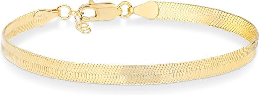 Miabella Italian Solid 925 Sterling Silver, 18K Gold Plated 4.5mm Flexible Flat Herringbone Link Chain Bracelet for Women, Made in Italy
