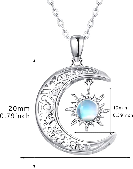 TRISHULA Moon Star Necklace, 925 Sterling Silver Crescent Moon Sun Pendant with Moonstone Crescent Jewelry Gift for Her Sister Birthday Christmas