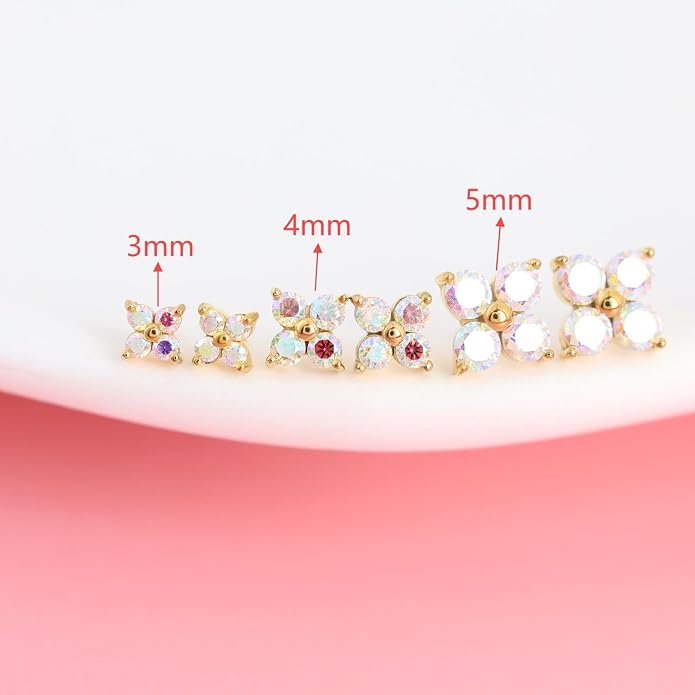 FANSING CZ Flower Internally Threaded Flat Back Earring Labret Stud for Cartilage Tragus Helix Conch
