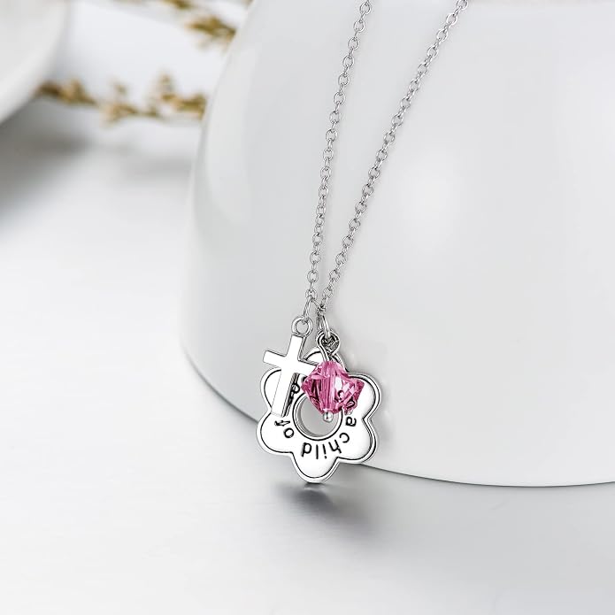AOBOCO 925 Sterling Silver I Am a Child of God Daisy Necklace Jewelry Birthday Birthday Baptism Communion Gifts for Girls
