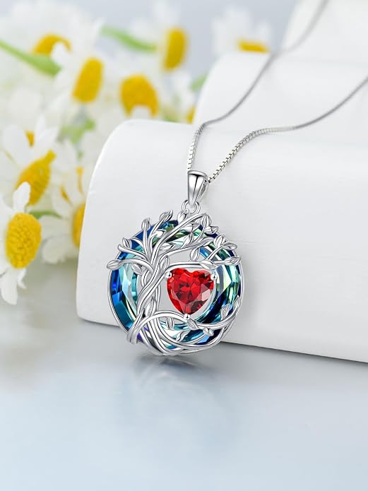 TOUPOP Tree of Life Birthstone Necklace Sterling Silver Pendant Birthstone Necklaces with Blue Crystal Anniversary Birthday Jewelry for Women Mom Wife Her