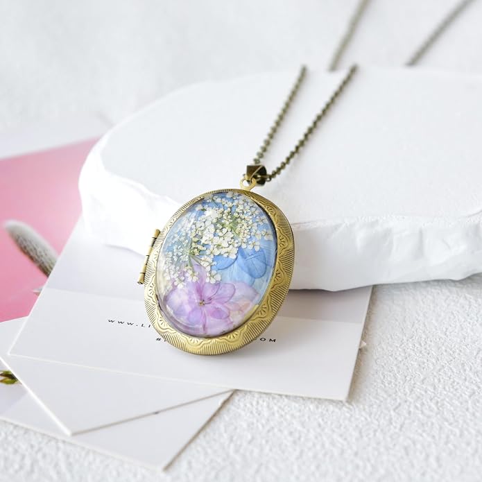 Vintage Photo Locket Necklace Handmade Pressed Flower Locket Necklace for Women