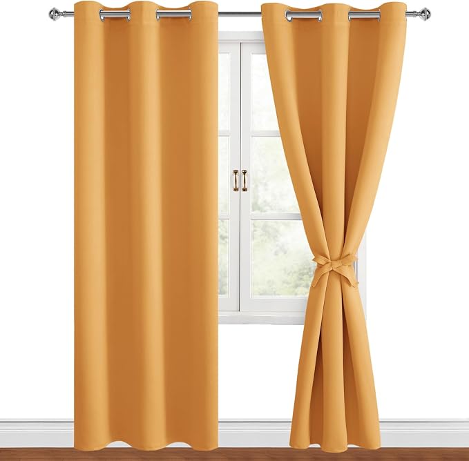 Hiasan Grommet Blackout Curtains for Bedroom, 42 x 84 Inches Long - Thermal Insulated & Light Blocking Window Curtains for Living Room, 2 Drape Panels Sewn with Tiebacks, Pumpkin Orange