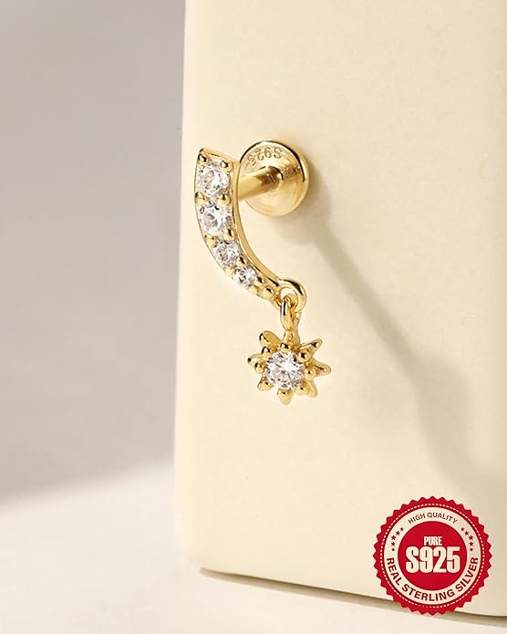 925 Sterling Silver Flower Cartilage Earring for Women 14K Gold Plated Flat Back Helix Tragus Conch Stud Internally Threaded Dainty CZ Floral Labret Piercing Jewelry
