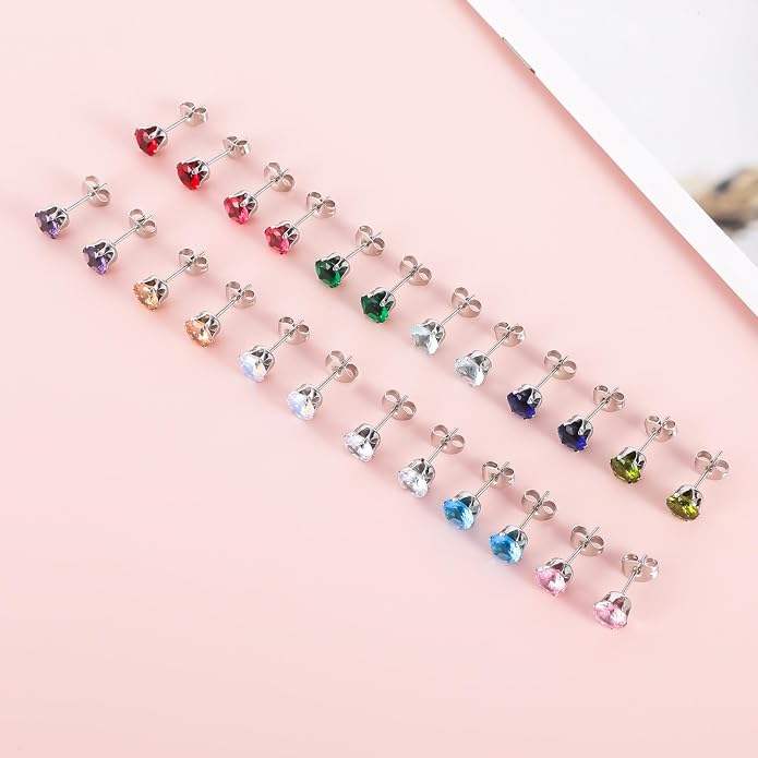12 Pairs Surgical Stainless Steel Stud Earring Round Heart Star Square Cubic Zirconia Birthstone Stud Earrings Set for Women