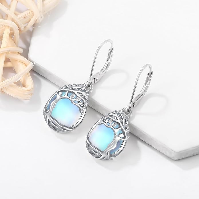 925 Sterling Silver Earrings Tree of Life/Cat/Animal/Turquoise/Moonstone Dangle Drop Earrings for Women Leverback Earring Hypoallergenic Jewelry Gifts
