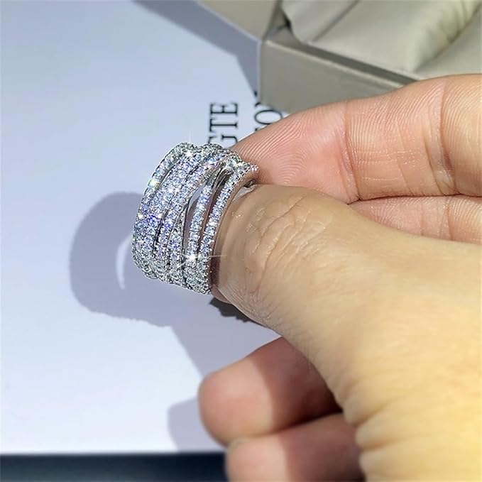 925 Sterling Silver Shiny Full Diamond Gemstone Ring 18K Gold Cocktail Criss Cross Cubic Zirconia Ring CZ Diamond Multi Row Rings Eternity Engagement Wedding Party Ring for Women Z.134 (US Code 9)