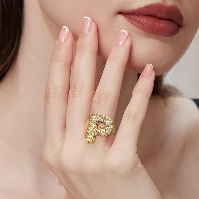 Cicy Bell Initial Rings for Women 14k Gold Plated Cubic Zirconia Delicate Letter Chunky Statement Open Rings Gifts for Her