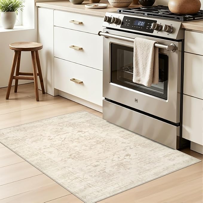 Machine Washable Area Rugs 2x3: Vintage Boho Neutral Washable Rug Indoor Soft Small Entryway Throw Carpet for Living Room Bedroom Kitchen Laundry Floor Non-Slip Low Pile Entrance Rug Beige/Brown