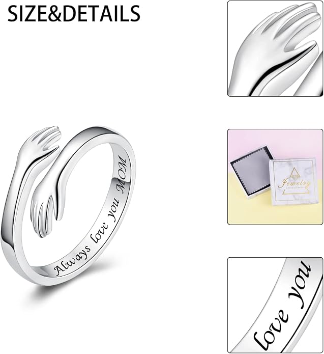 S925 Sterling Silver Hug Rings for Women Teen Girls Adjustable Ring for Granddaughter Daughter Hope Promise Friendship Hand Ring Jewelry for Birthday Graduation Christmas Mothers Day Valentines Gifts