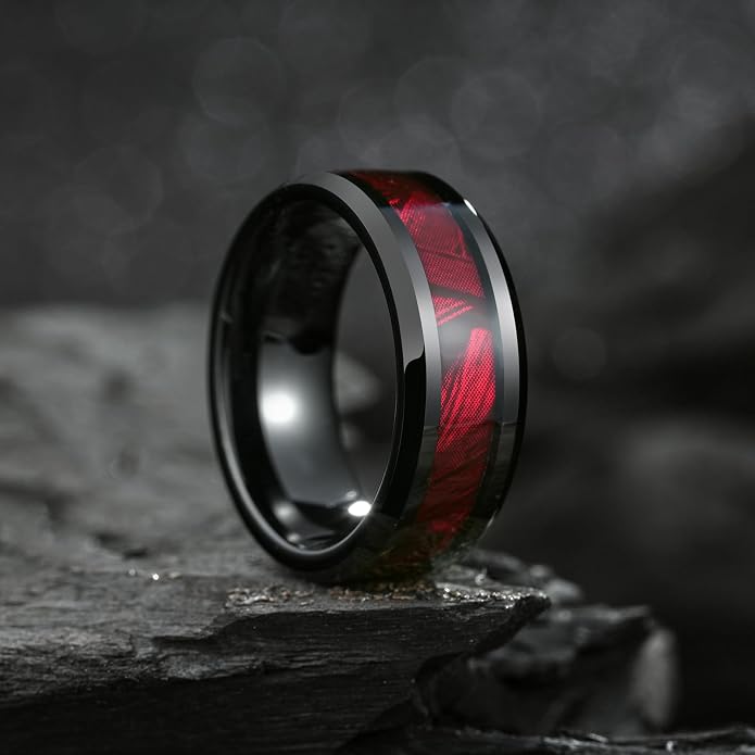 King Will Black Tungsten Wedding Band For Men, 8mm Promise Ring Inlay Red Twill Pattern/Colorful Wood Chips, High Polished Beveled Edge - Suitable For Daily Wear, Comfort Fit Size 7-14