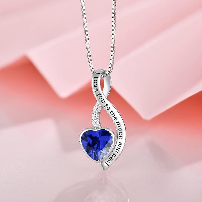 I Love You to The Moon and Back Necklace for Women, 925 Sterling Silver Heart Birthstone Pendant Necklace Jewelry Anniversary Birthday Gifts for Girls Women Wife Mom Daughter