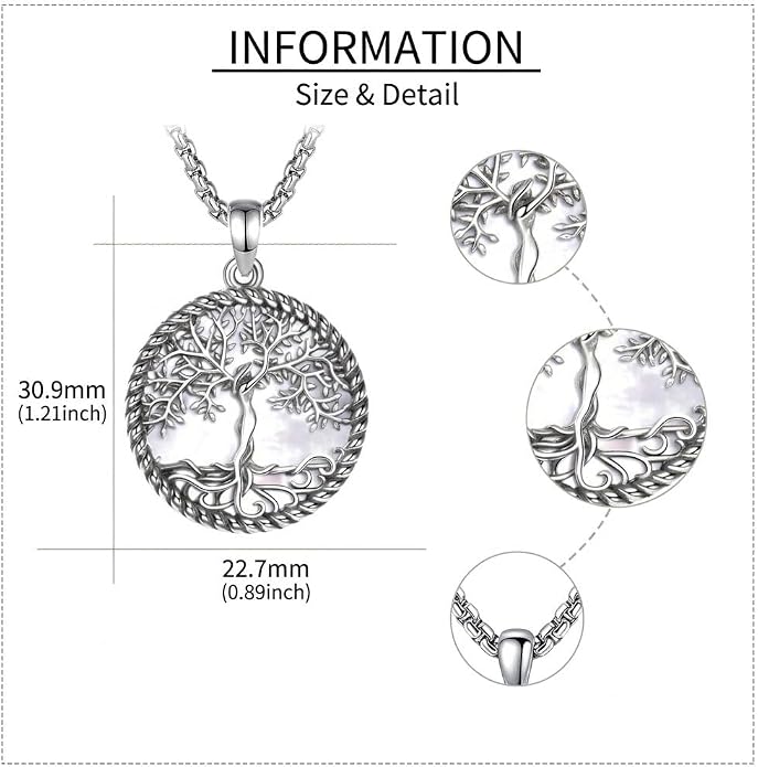 Tree of Life Necklace 18K White Gold Plated Turquoise/Pearl Shell/Malachite/Abalone Shell/Blue Opal/Black Onyx Tree Necklace Jewelry Gift for Women Men,22+2"
