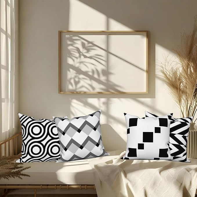 Black White Throw Pillow Covers Geometric Modern Abstract Grey Stripes Minimalist Art Boho Pattern 16x16 Set of 4 Cushion Cover for Outdoor Indoor Sofa Chair Couch Garden Patio Farmhouse