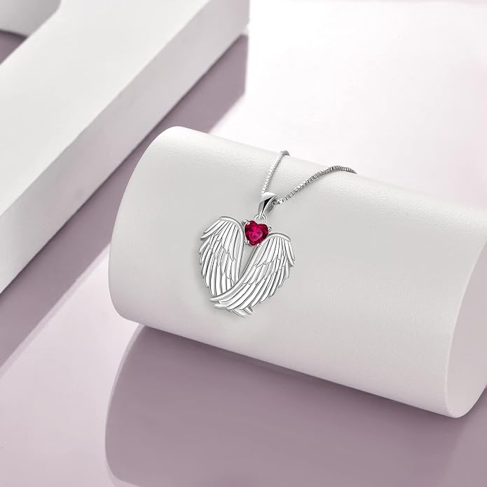 YFN Angel Wings Necklace 925 Sterling Silver Guardian Angel Wings Pendant Necklace Birthstone Necklace for Women Girls Christmas Jewelry Gifts
