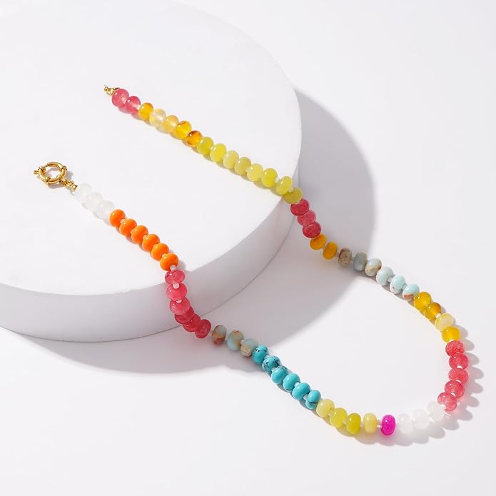 LALAPPLE Colorful Beaded Gemstone Necklace for Women, Boho Rainbow Bead Choker with Natural Stone Crystal Beads, Handmade Summer Beach Necklace Jewelry