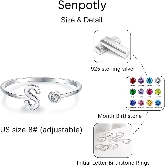 925 Sterling Silver Initial Letter Birthstone Rings for Women Adjustable 1-12 Month Birthstone Alphabet Stacking Ring for Teens Girls Stackable Birthstone Rings Birthday Jewelry Gift for Daughter Mom