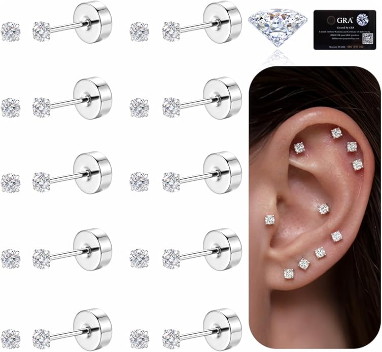 GEMQUEEN 6 Pairs 2-7mm Moissanite Earrings Studs 14K Gold Plated Stainless Steel Flat Back Earring for Women Men - Hypoallergenic Cartilage Helix Piercing Jewelry Brilliant Round Cut D Color VVS1 5.97CT
