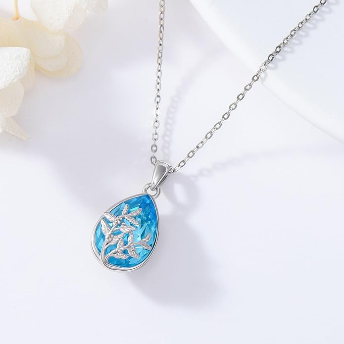 925 Sterling Silver Birth Flower Necklace with Teardrop Shaped Birthstone - 12 Colors, 12 Kinds of Flower - Ideal Birthday Jewelry Gift for Women, Mothers, Daughters & Wives