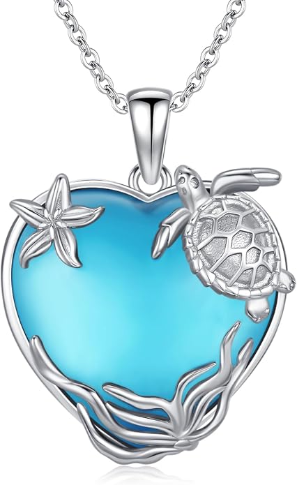 Sea Turtle/Seaweed Necklace for Women 925 Sterling Silver Heart of the Ocean Moonstone Pendant Necklace Turtle Moonstone Jewelry Gift for Wife Mom