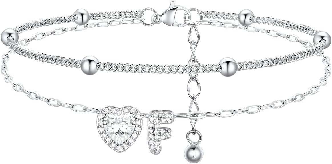 FindChic Silver/14K Gold Plated Layered CZ Initial Ankle Bracelet for Women | Waterproof Stainless Steel, Cubic Zirconia Letter Charm, Non-Tarnish, Hypoallergenic, Adjustable Extender, Summer Jewelry