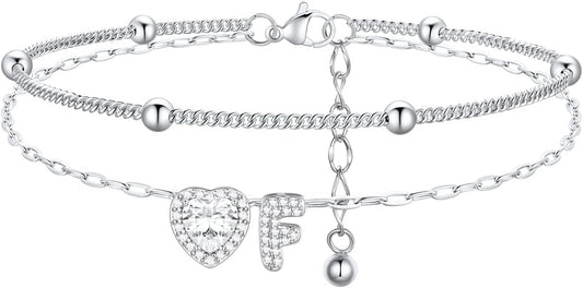 FindChic Silver/14K Gold Plated Layered CZ Initial Ankle Bracelet for Women | Waterproof Stainless Steel, Cubic Zirconia Letter Charm, Non-Tarnish, Hypoallergenic, Adjustable Extender, Summer Jewelry