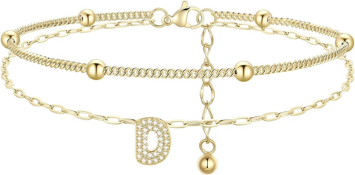 FindChic Silver/14K Gold Plated Layered CZ Initial Ankle Bracelet for Women | Waterproof Stainless Steel, Cubic Zirconia Letter Charm, Non-Tarnish, Hypoallergenic, Adjustable Extender, Summer Jewelry