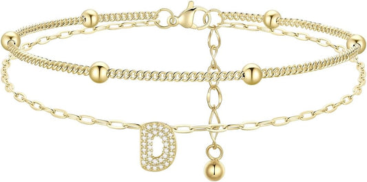 FindChic Silver/14K Gold Plated Layered CZ Initial Ankle Bracelet for Women | Waterproof Stainless Steel, Cubic Zirconia Letter Charm, Non-Tarnish, Hypoallergenic, Adjustable Extender, Summer Jewelry