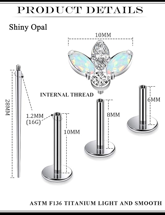 16G Astm F136 Titanium Internal Thread Flat Back Earrings Nose Studs Tragus Forward Helix Conch Cartilage Lobe Earrings Stud Medusa Labret Monroe Lip Ring Piercing Jewelry For Women Men