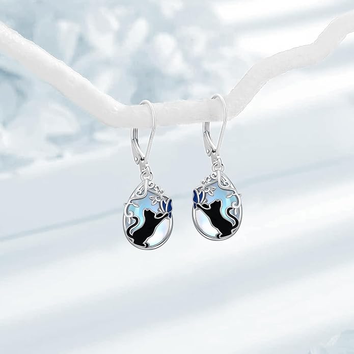 925 Sterling Silver Earrings Tree of Life/Cat/Animal/Turquoise/Moonstone Dangle Drop Earrings for Women Leverback Earring Hypoallergenic Jewelry Gifts