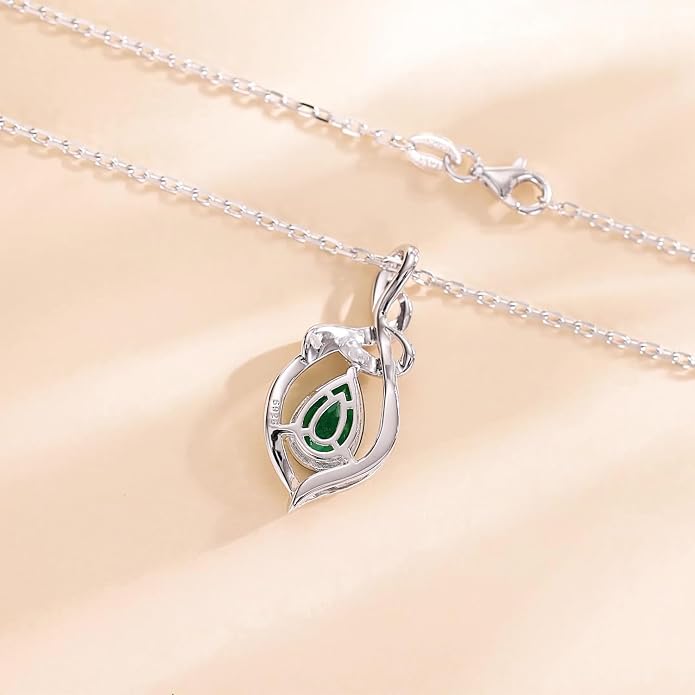 FANCIME Teardrop Birthstone Necklace for Women S925 Sterling Silver Elegant Ribbon Pendent Necklace Birthday Jewelry Gifts for Mom Wife Her, 16"+2" Inches