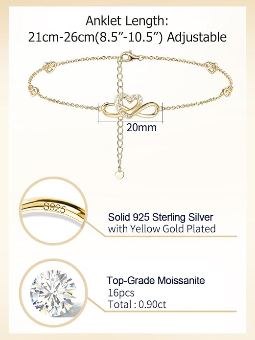 Moissanite Infinity Anklet for Women, Real Authentic 925 Sterling Silver Hypoallergenic, Beautiful Summer Jewelry, Dainty Ankle Bracelet, 8.6-10.6inch (21-26cm) Adjustable