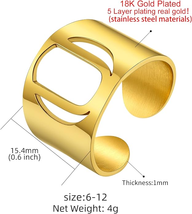 KeyStyle Bold Initial Letter Rings Adjustable, GoldChic Jewelry Women Gold Statement Ring Personalized Engraved Women’s Open Signet Ring for Party (Gold, White Gold, Black)