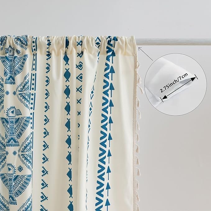 Blue Geometric Curtains 102 Inches Long, Boho Farmhouse Light Filtering Rod Pocket Drapes with Tassel Trim for Bedroom Living Room, 2 Panels