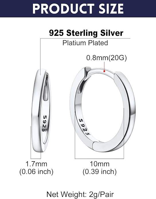 Bandmax 925 Sterling Silver Black Huggie Hoop Earrings 10mm Small Hypoallergenic Cartilage Piercing Jewelry for Women Men Gift