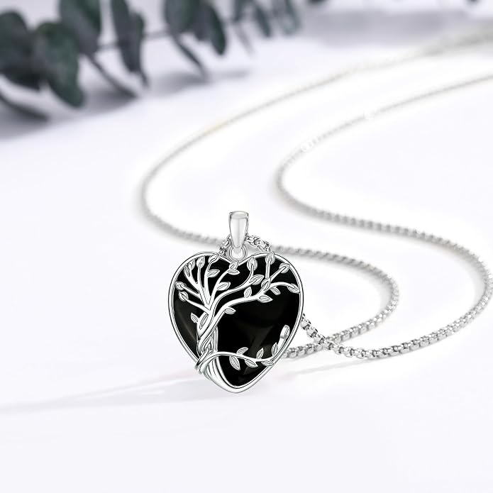 Eusense Tree of Life Necklace for Women White Gold Plated Copper Moonstone/Turquoise/Black Onyx/Crystal Birthstone Pendant Jewelry Gifts for Women Men