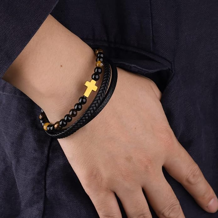 LONDON Mens Bracelet Leather Black Multi-Layer Stone Beads Adjustable Steel Clasp Viking Rope Bands Surfer Man Wristband Male UK Jewellery Gift box Boyfriend Dad Son Brother Tiger Eye