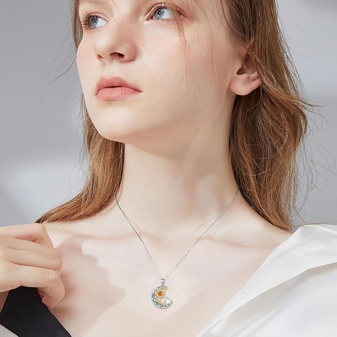 AOBOCO 925 Sterling Silver Sun and Moon Star Pendant Necklace with Simulated Birthstone, Birthday Christmas Jewelry Gift for Women Teen Girls