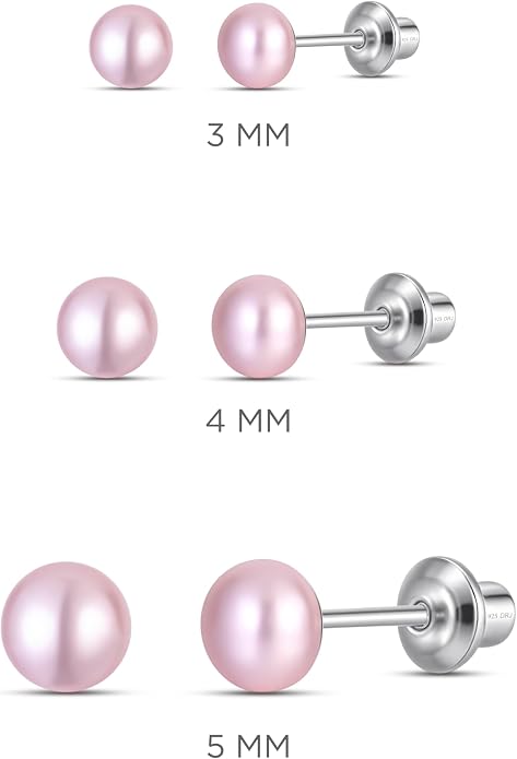 Pearl Screw Back Stud Earrings for Baby, Toddler, Girls | Hypoallergenic 925 Sterling Silver Screwback Safety Earrings | Simulated Pearl Studs for Sensitive Ears | Keepsake Gift for Birthdays Holidays Special Occasions