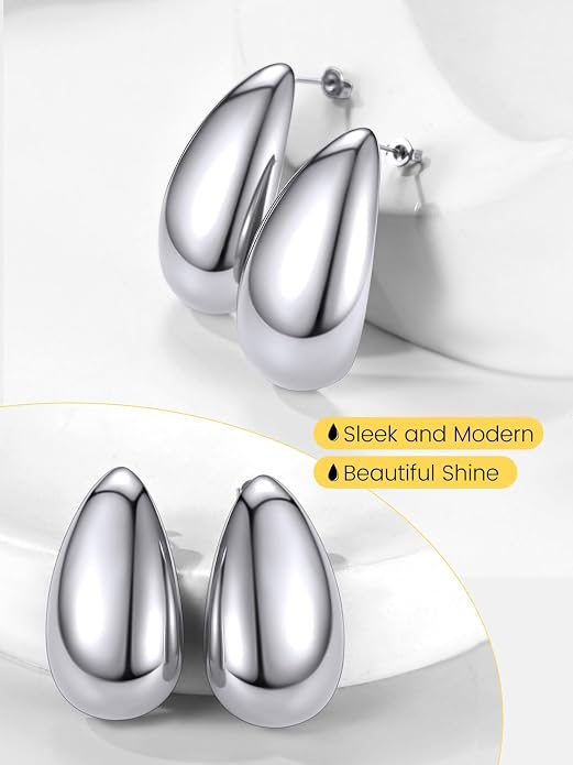 KeyStyle Chunky Gold Hoop Earrings for Women Trendy, Stainless Steel TearDrop Hoops Earring, Lightweight Water Drop Ear Jewerly