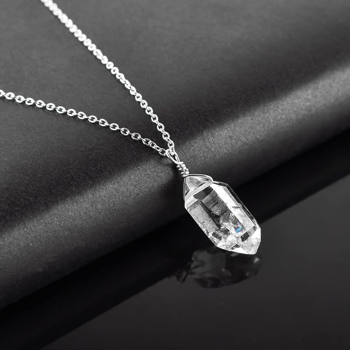 AAA Rhodium Plated 925 Sterling Silver Raw Herkimer Diamond Quartz Pendant Necklace, Natural Gemstones Solitaire, Birthstone, Handmade Dainty Jewelry 18inch, Valentine Gift
