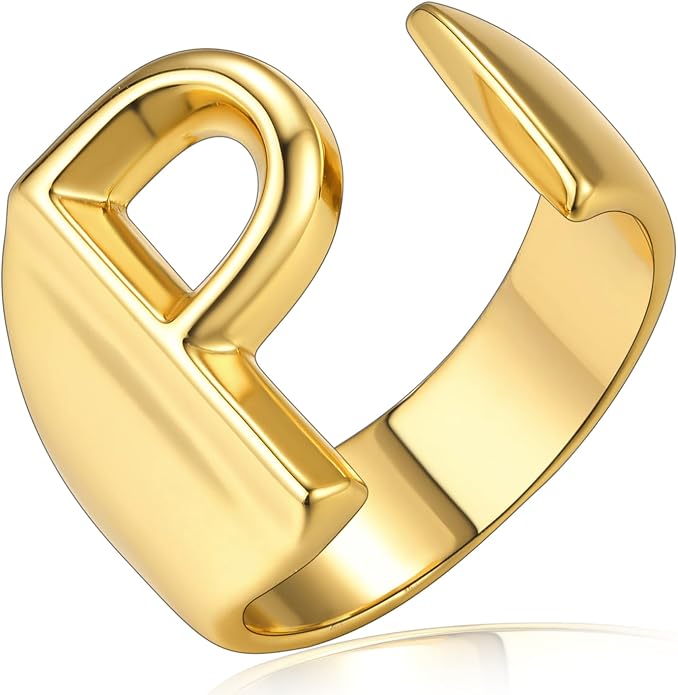 KeyStyle Bold Initial Letter Rings Adjustable, GoldChic Jewelry Women Gold Statement Ring Personalized Engraved Women’s Open Signet Ring for Party (Gold, White Gold, Black)