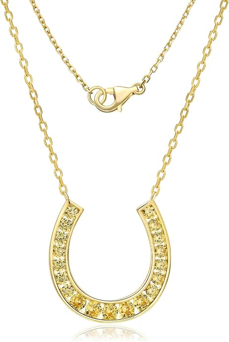 Luck Horseshoe Necklace 14K Gold Plated/Sterling Silver Created Gemstone Pendant with Chain Channel Set U Shaped Charm Necklace Birthstone Jewelry